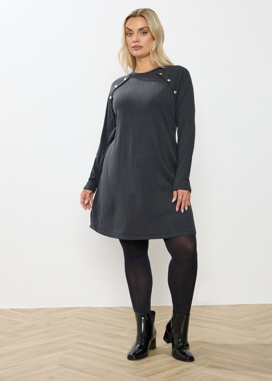 Yours Curve Grey Button Ribbed Tunic Dress