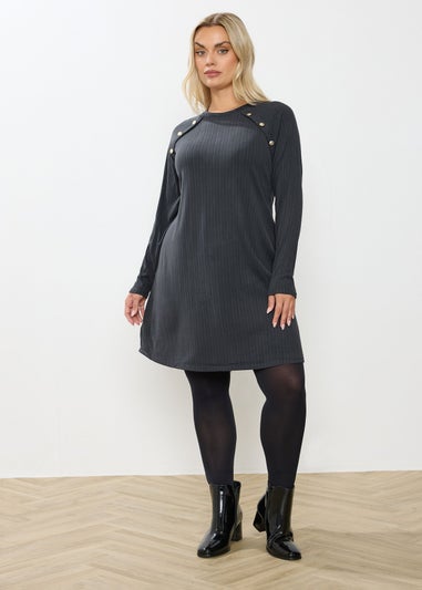 Yours Curve Grey Button Ribbed Tunic Dress