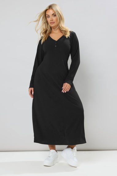 Yours Curve Black Ribbed Henley Maxi Dress