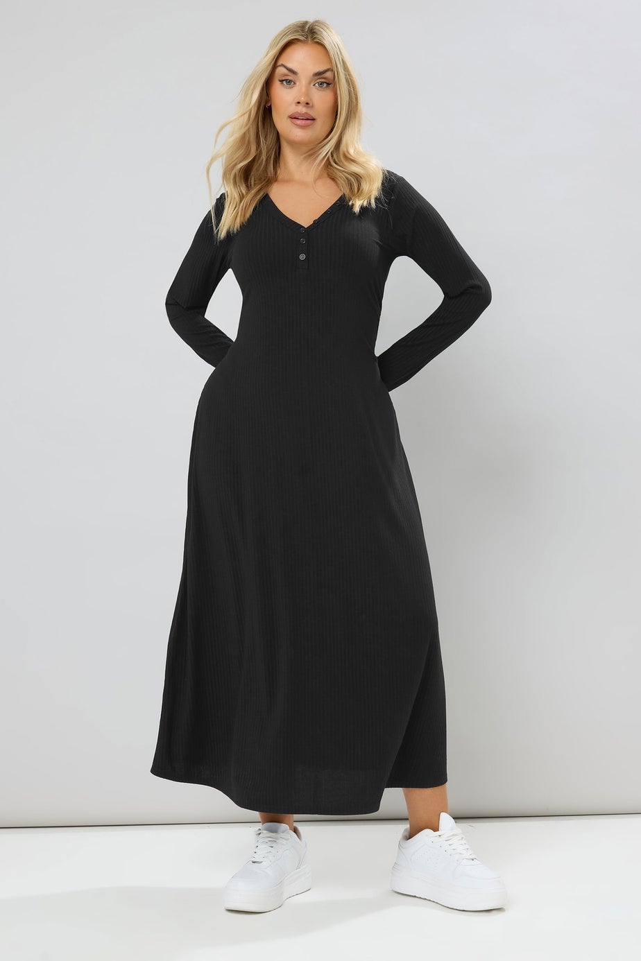 Yours Curve Black Ribbed Henley Maxi Dress