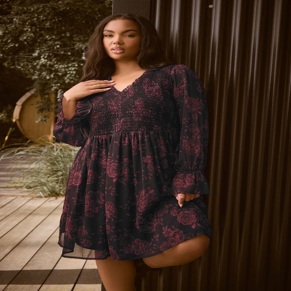 Yours Curve Red Floral Shirred Mini Dress