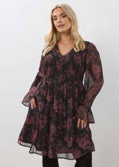 Yours Curve Red Floral Shirred Mini Dress