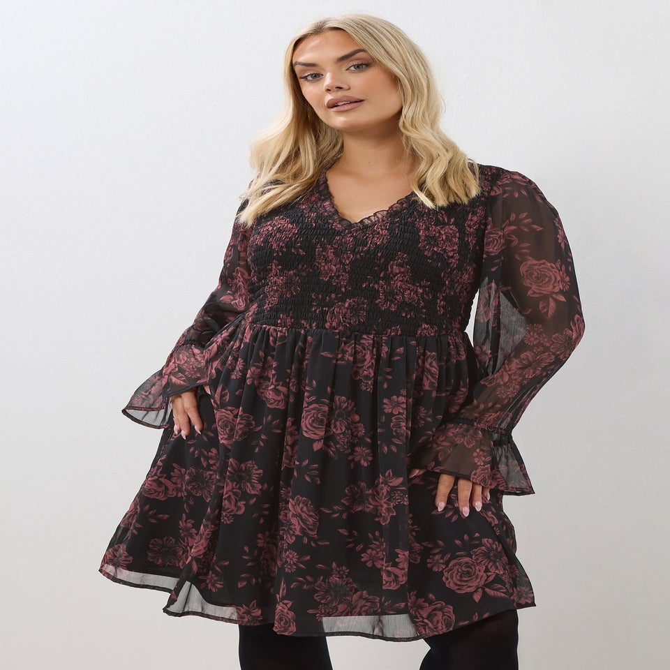 Yours Curve Red Floral Shirred Mini Dress