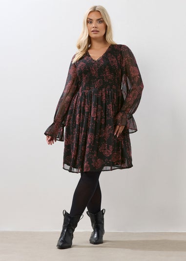 Yours Curve Red Floral Shirred Mini Dress