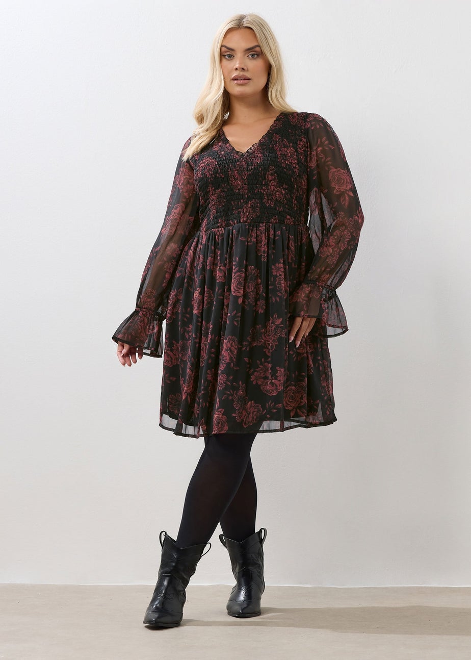 Yours Curve Red Floral Shirred Mini Dress