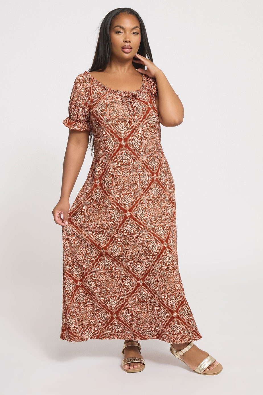 Yours Curve Rust Brown Paisley Textured Milkmaid Dress