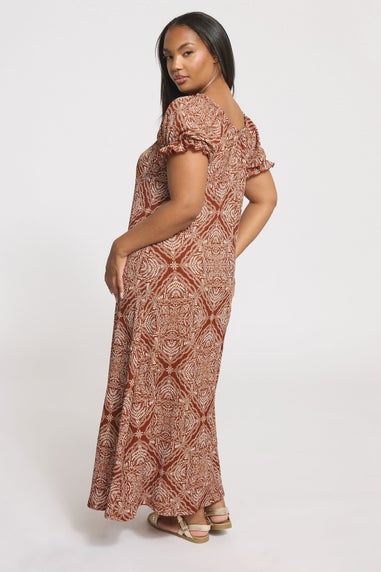 Yours Curve Rust Brown Paisley Textured Milkmaid Dress
