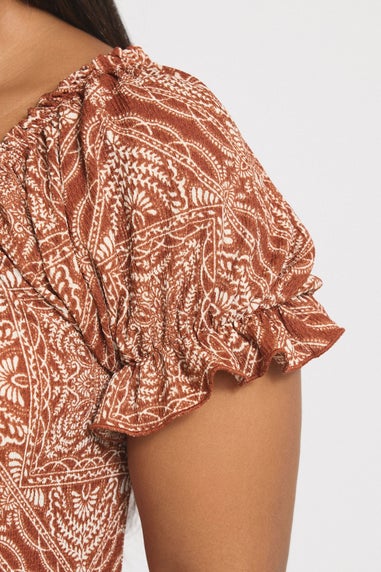 Yours Curve Rust Brown Paisley Textured Milkmaid Dress