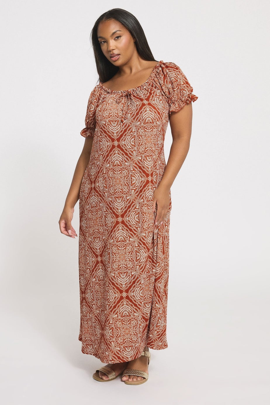 Yours Curve Rust Brown Paisley Textured Milkmaid Dress
