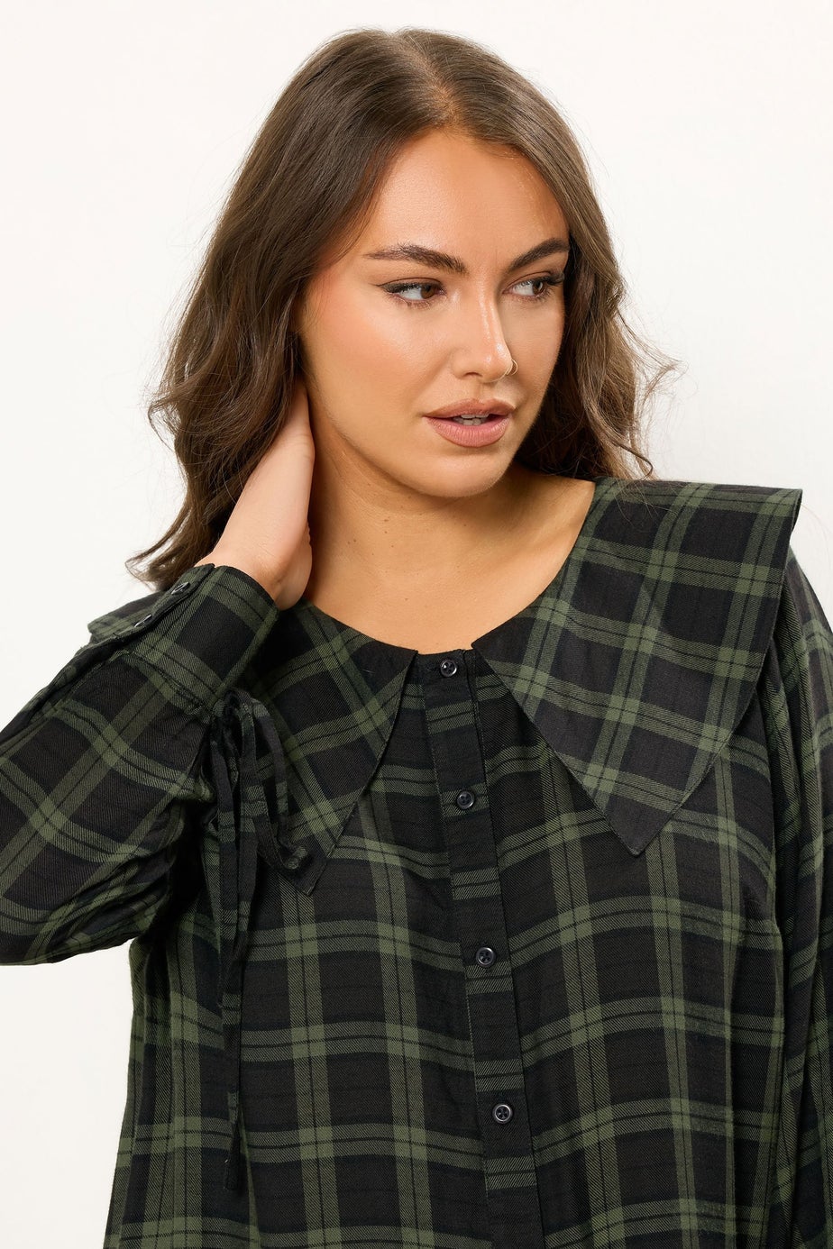 Yours Curve Khaki Green Check Collar Mini Dress