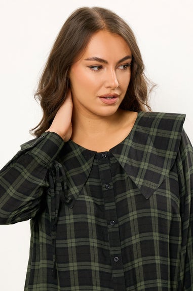 Yours Curve Khaki Green Check Collar Mini Dress