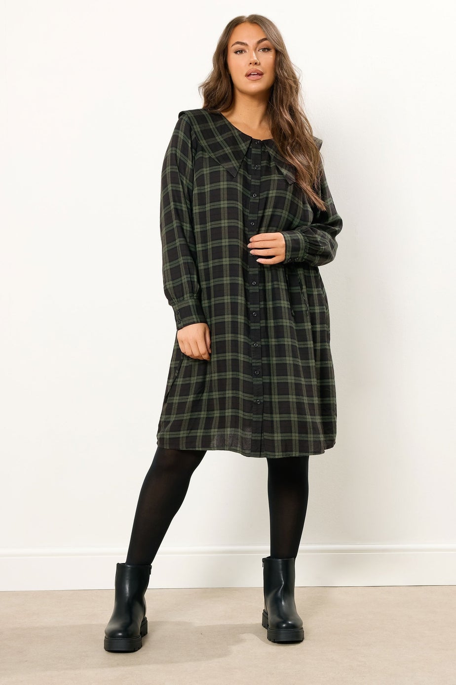 Yours Curve Khaki Green Check Collar Mini Dress