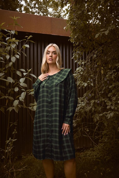 Yours Curve Khaki Green Check Collar Mini Dress