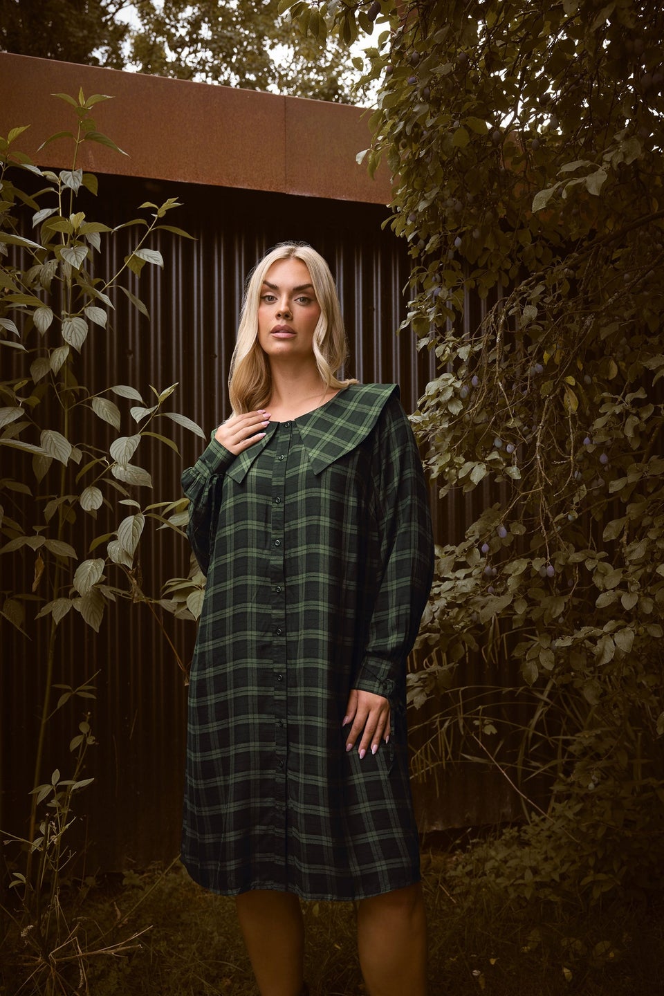 Yours Curve Khaki Green Check Collar Mini Dress