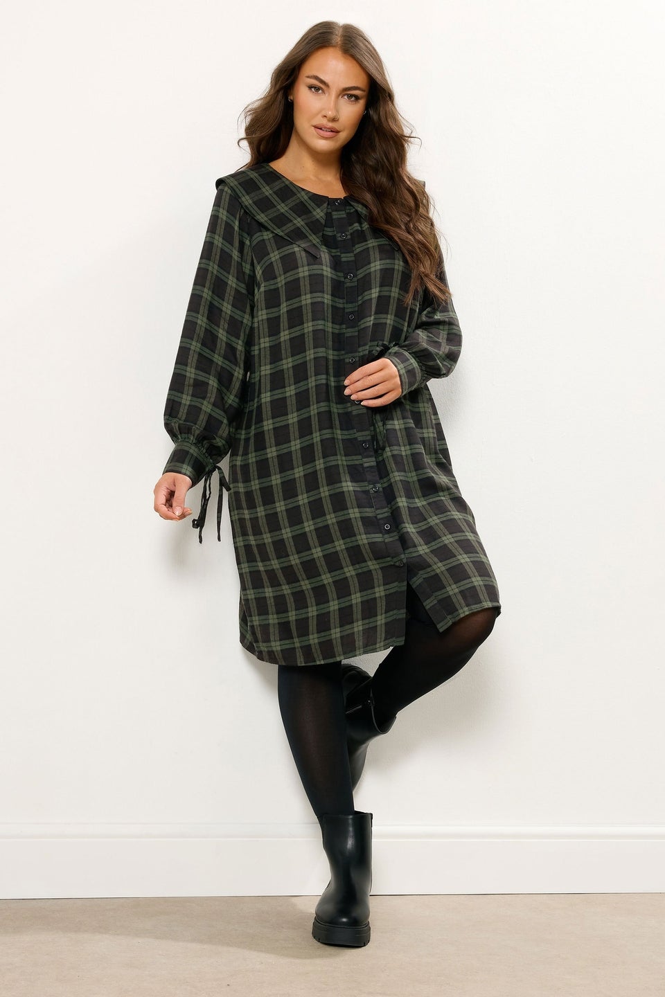Yours Curve Khaki Green Check Collar Mini Dress