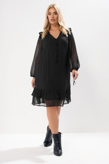 Yours Curve Black Dobby Smock Dress