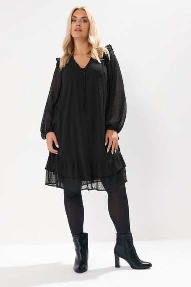Yours Curve Black Dobby Smock Dress