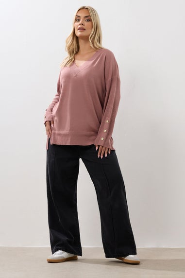 Yours Curve Light Pink Button V-Neck Jumper