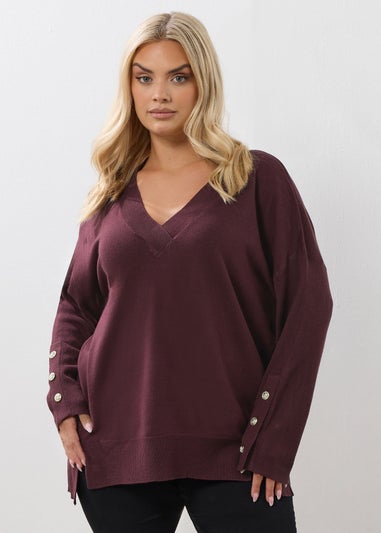 Yours Curve Purple Button V-Neck Jumper