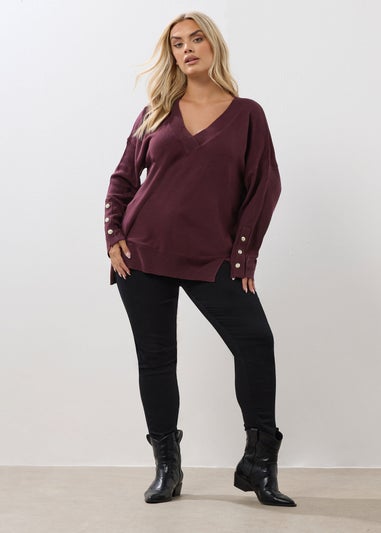 Yours Curve Purple Button V-Neck Jumper