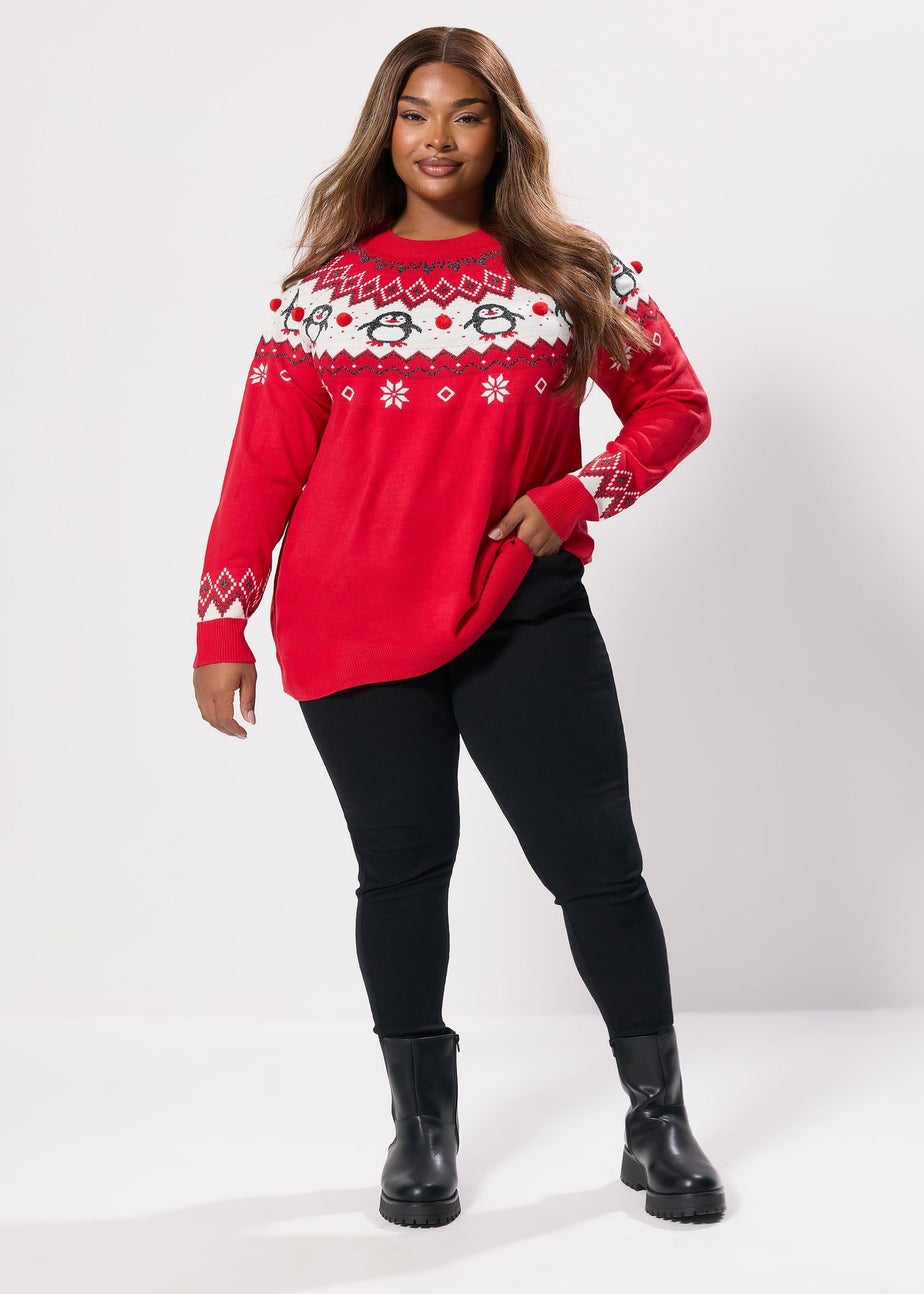Yours Curve Red Novelty Penguin Fairisle Christmas Jumper