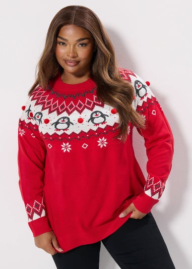 Yours Curve Red Novelty Penguin Fairisle Christmas Jumper