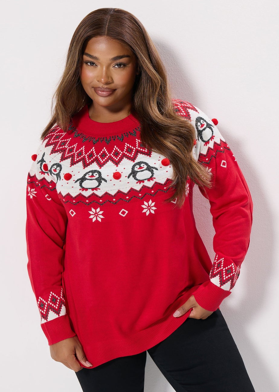 Yours Curve Red Novelty Penguin Fairisle Christmas Jumper