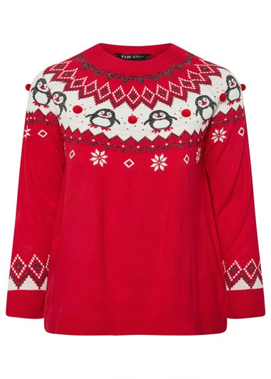 Yours Curve Red Novelty Penguin Fairisle Christmas Jumper
