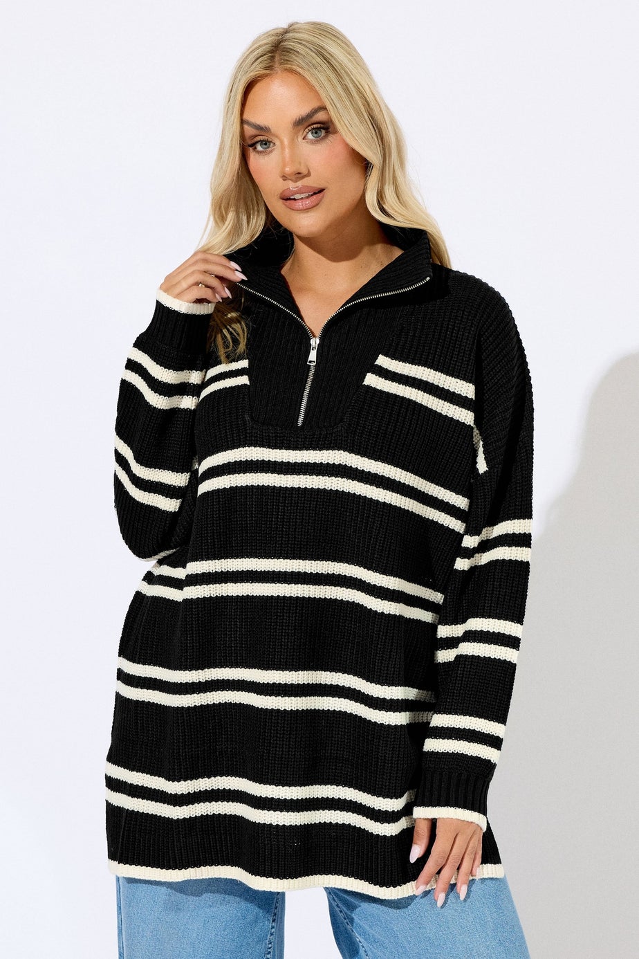 Yours Curve Black Stripe Quarter Zip Jumper