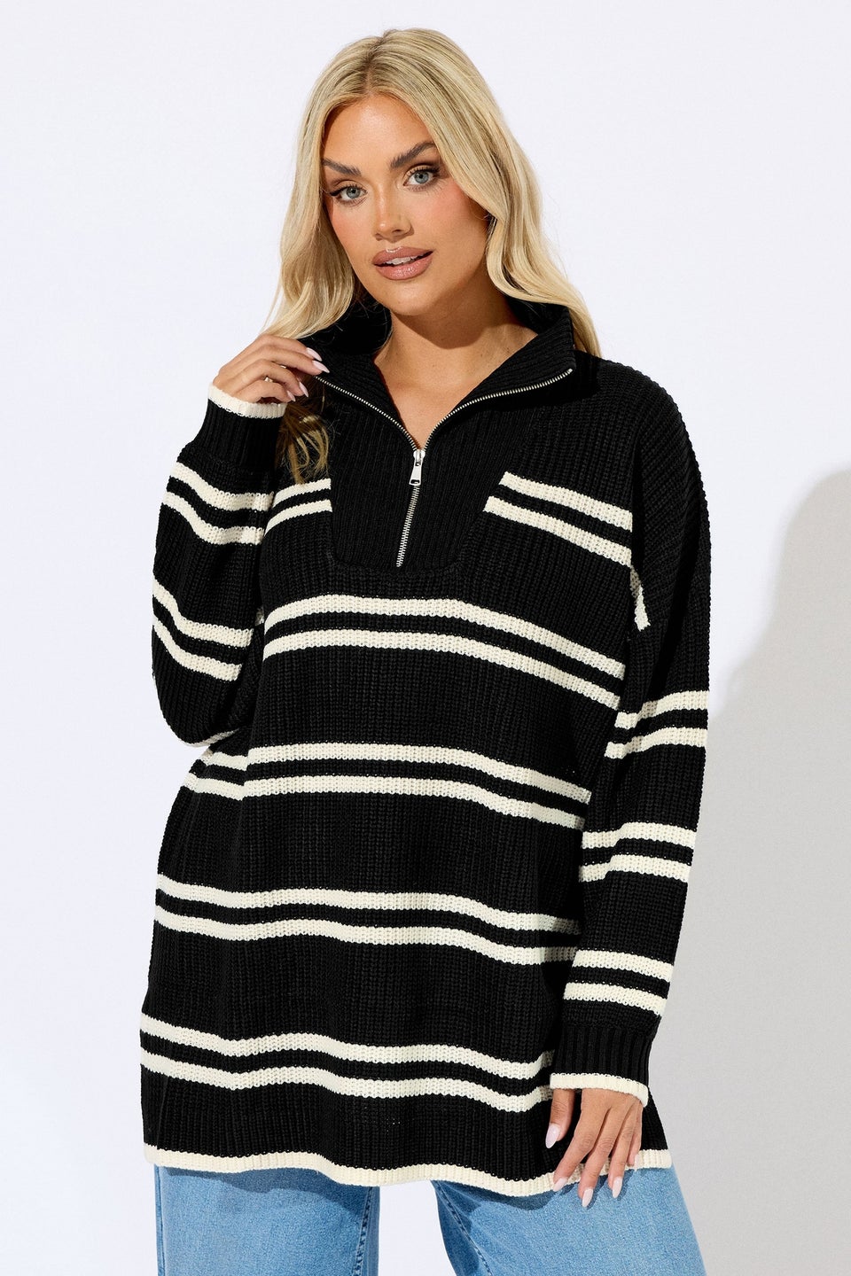 Yours Curve Black Stripe Quarter Zip Jumper