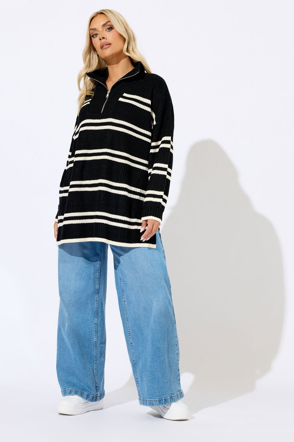 Yours Curve Black Stripe Quarter Zip Jumper