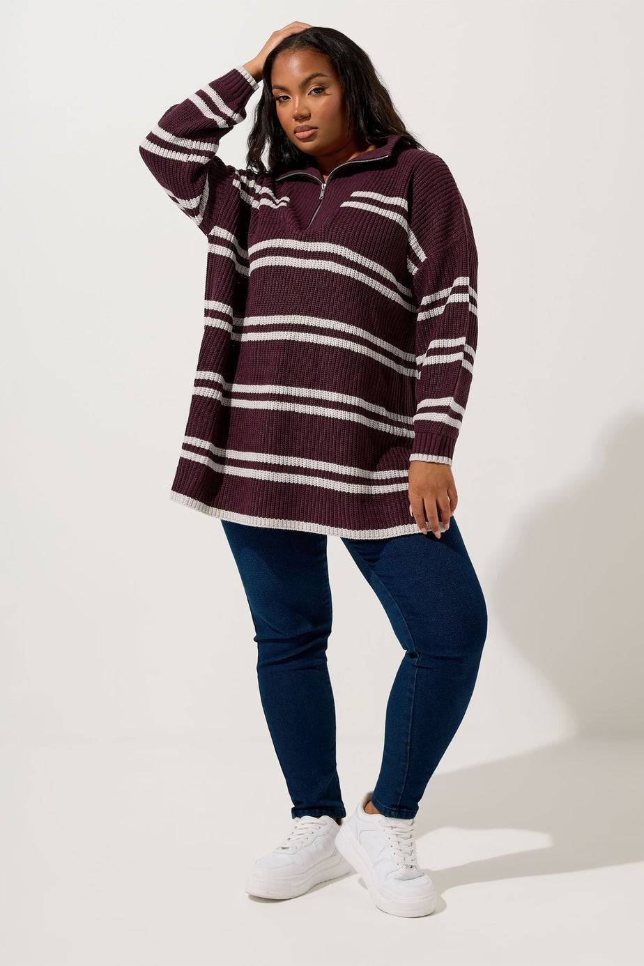 Yours Curve Red Stripe Quarter Zip Jumper