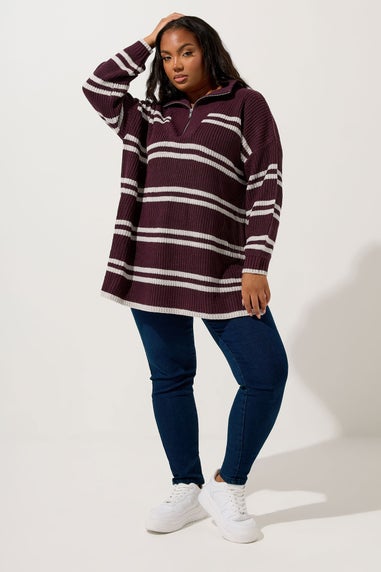 Yours Curve Red Stripe Quarter Zip Jumper