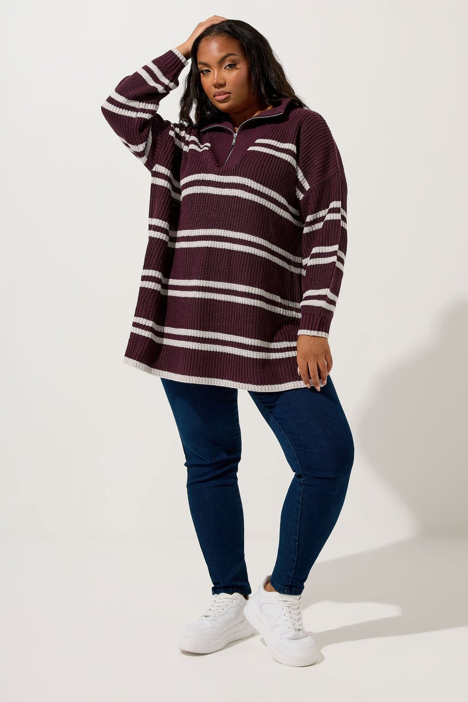 Yours Curve Red Stripe Quarter Zip Jumper