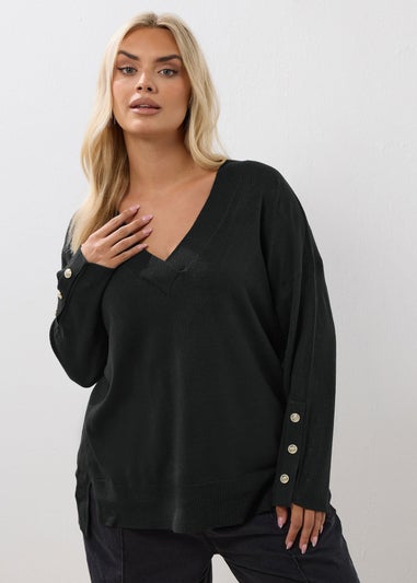 Yours Curve Black Button Sleeve V-Neck Jumper