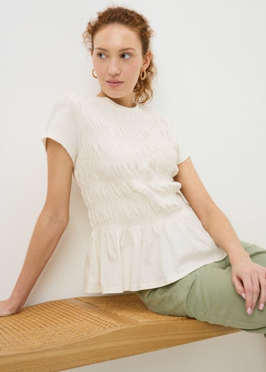Nude Shirred Short Sleeve Top