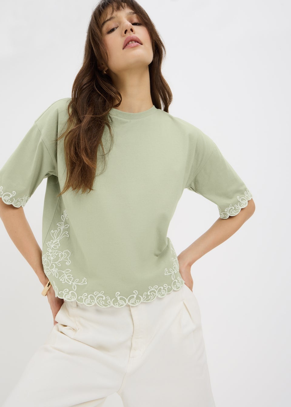 Sage Green Embroidered Boxy T-Shirt