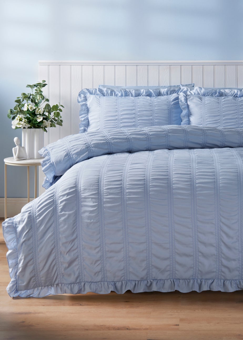 Blue Seersucker Frill Duvet Set