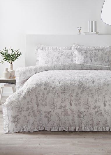 Grey Linear Leaf Frill Duvet Set