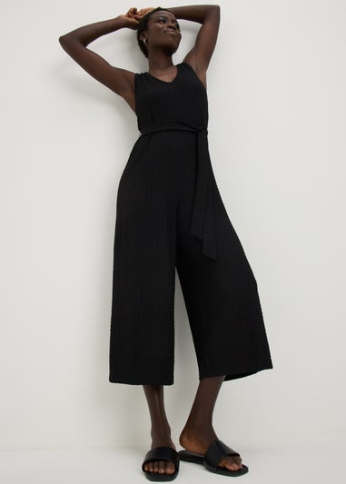 Black Crinkle Belted Culotte Jumpsuit