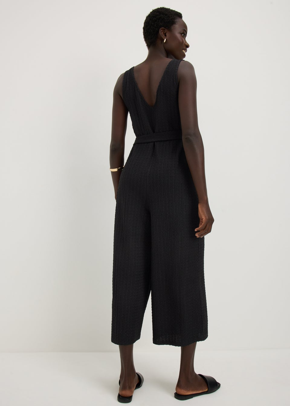 Black Crinkle Belted Culotte Jumpsuit