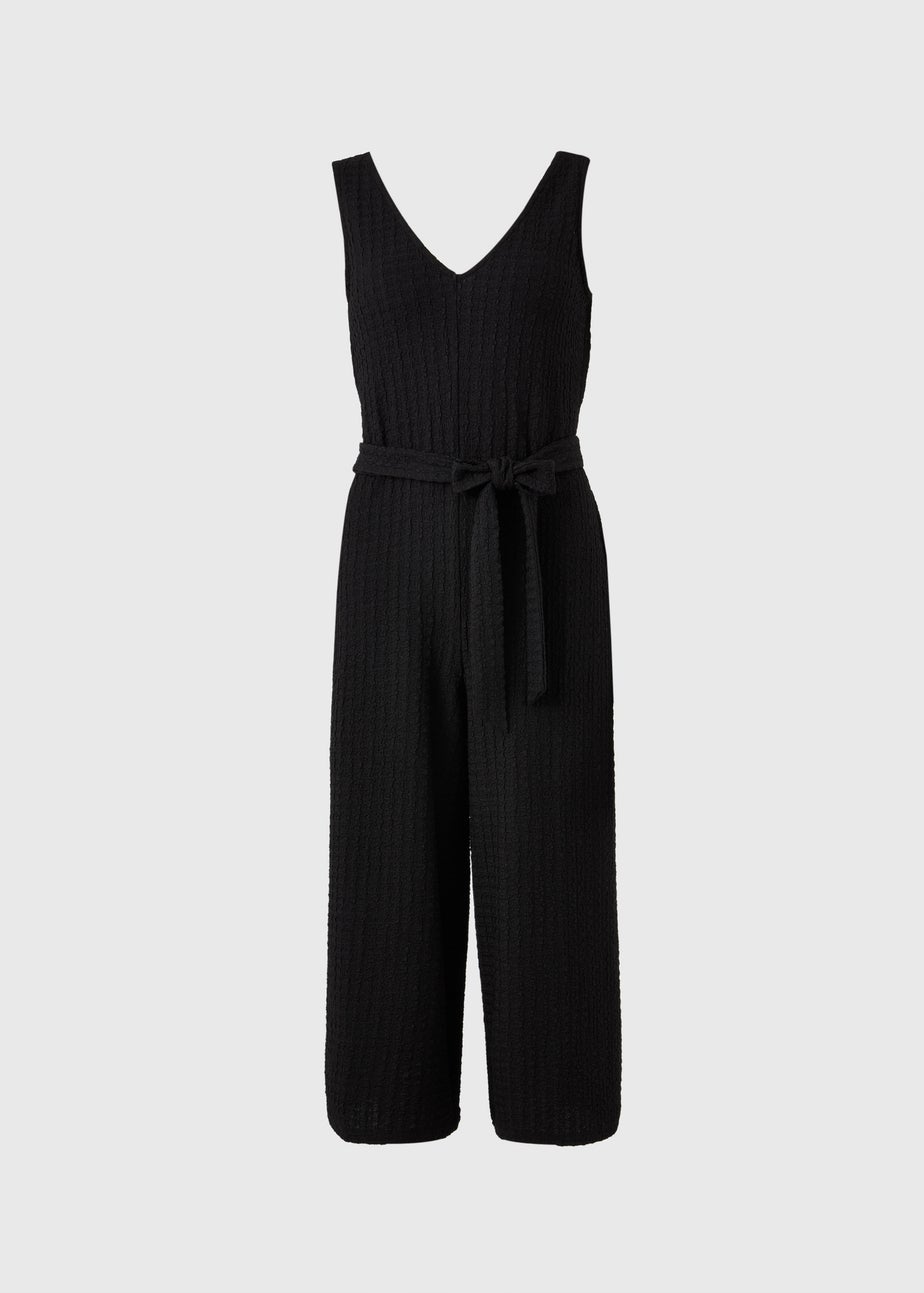Black Crinkle Belted Culotte Jumpsuit
