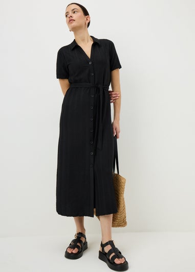 Black Textured Shirt Midi Dress