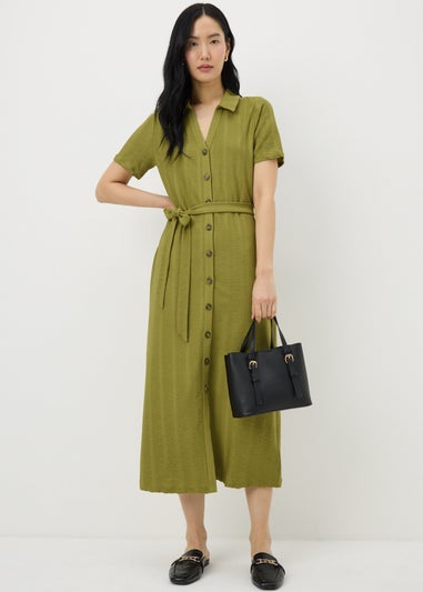 Green Textured Shirt Midi Dress