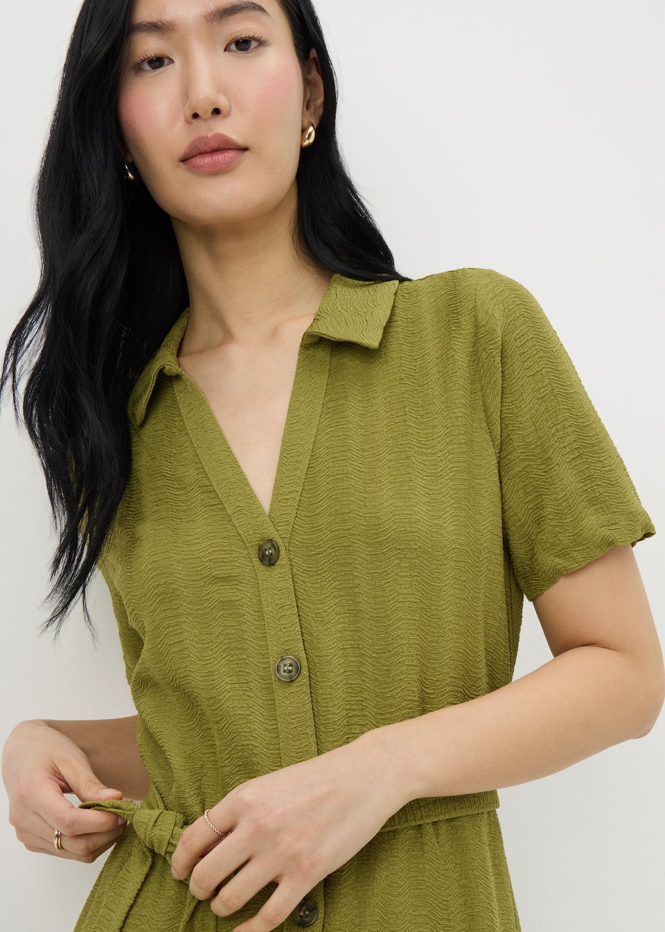 Green Textured Shirt Midi Dress