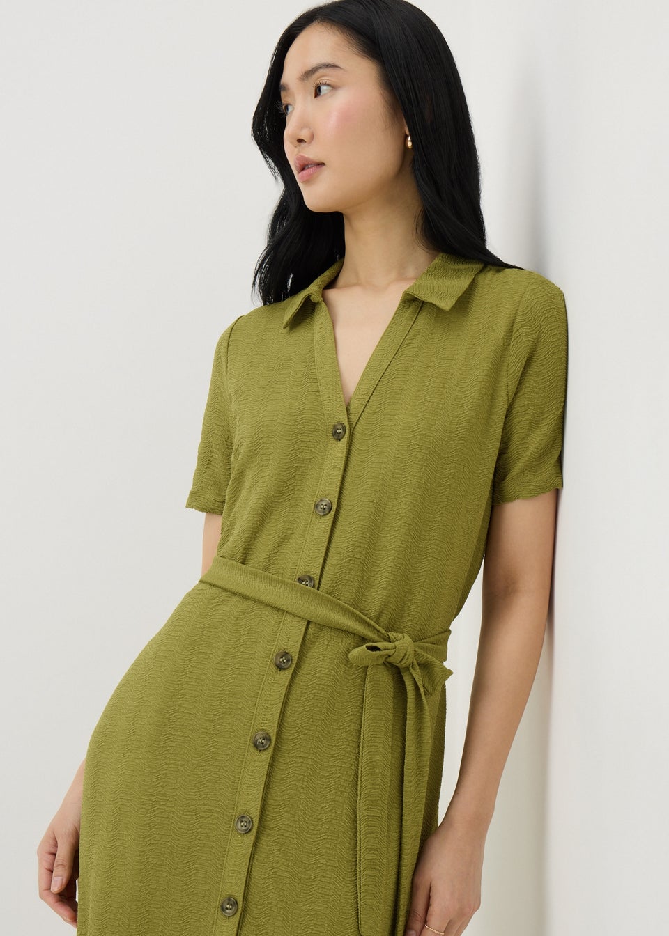 Green Textured Shirt Midi Dress