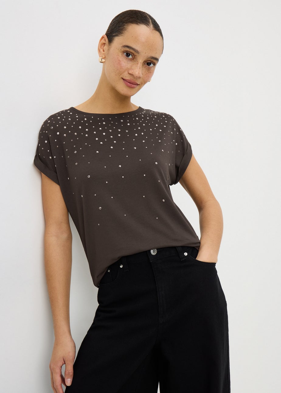 Brown Scatter Stud Embellished T-Shirt