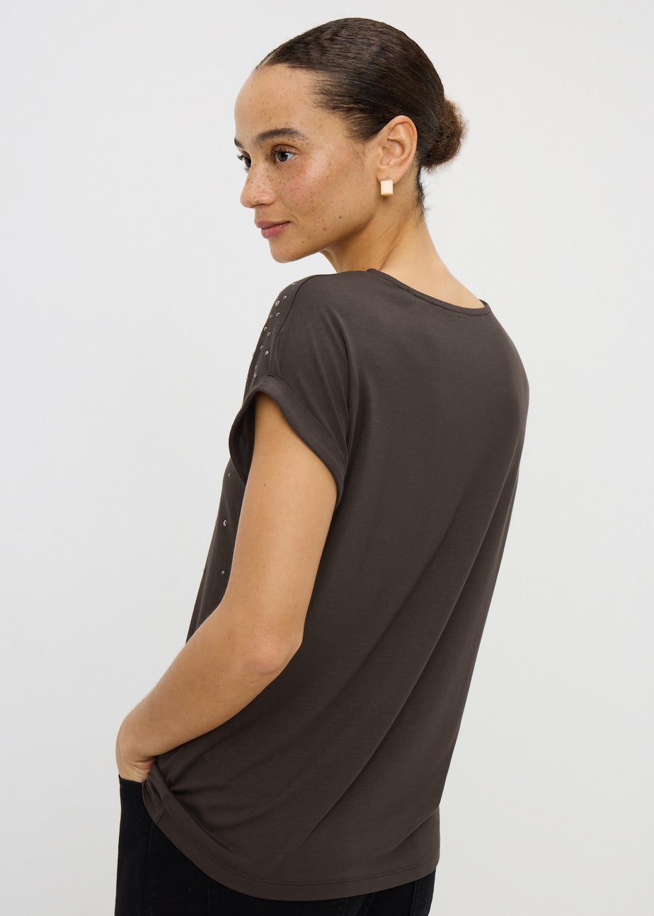 Brown Scatter Stud Embellished T-Shirt