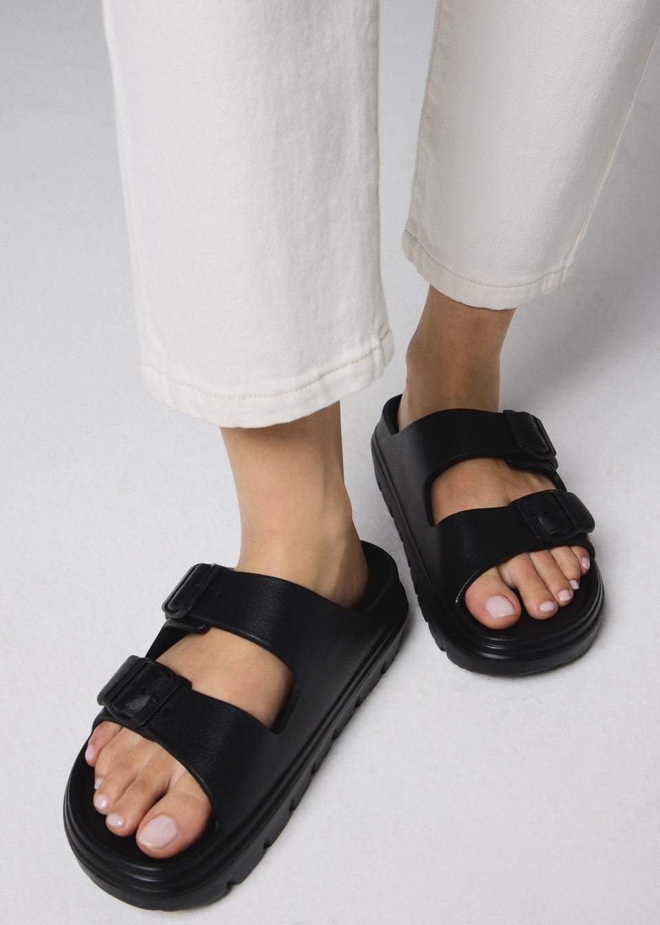Black Double Buckle Chunky Sandals