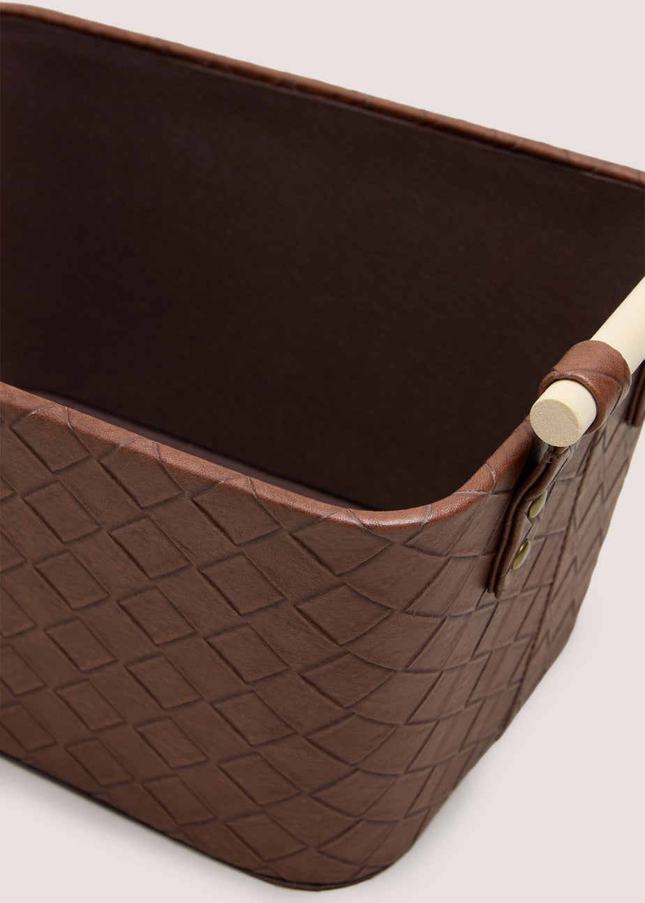 Brown Faux Leather Woven Storage Basket